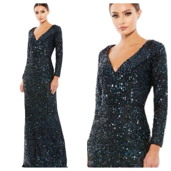 Mac Duggal 26445 Blue Long Sleeve Sequined Evening Gown | Size 14 - Picture 1 of 14